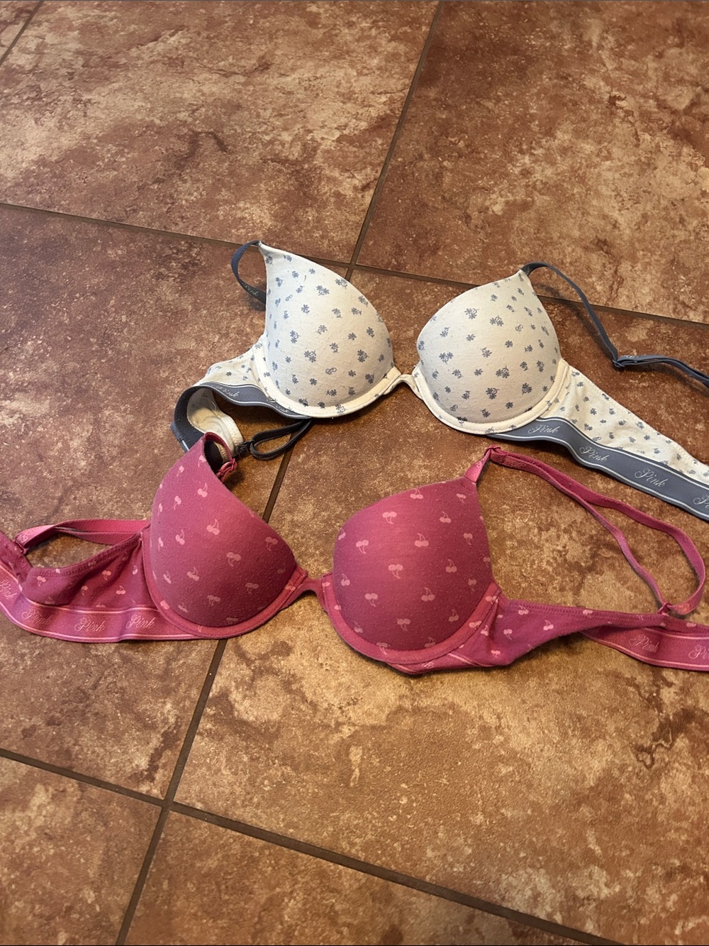 PINK Victoria's Secret Duo Push-Up Bras in Rose Pink and Cream with Floral Print